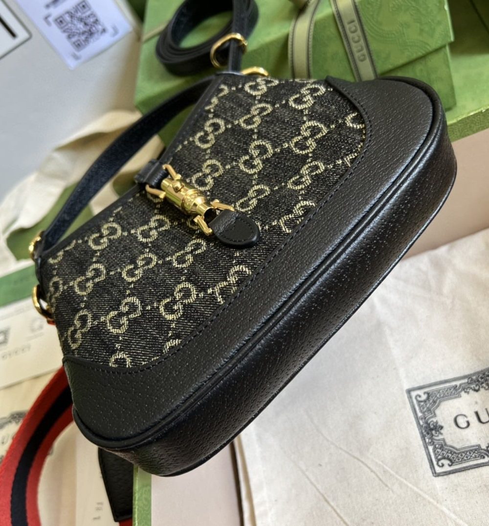 1:1 Replica Gucci Jackie 1961 Mini Shoulder Bag Black And Ivory GG Denim Jacquard For Women 7.5in/19cm GG 685127 UN3AG 1294