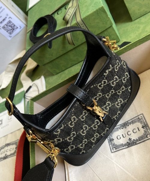 1:1 Replica Gucci Jackie 1961 Mini Shoulder Bag Black And Ivory GG Denim Jacquard For Women 7.5in/19cm GG 685127 UN3AG 1294