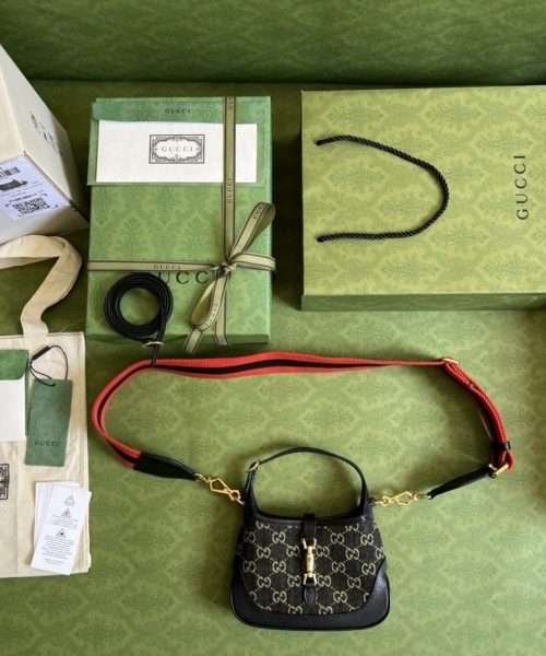 1:1 Replica Gucci Jackie 1961 Mini Shoulder Bag Black And Ivory GG Denim Jacquard For Women 7.5in/19cm GG 685127 UN3AG 1294