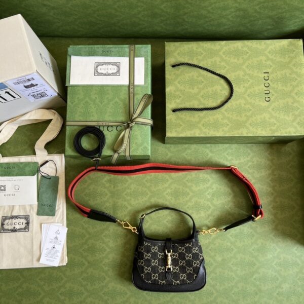 1:1 Replica Gucci Jackie 1961 Mini Shoulder Bag Black And Ivory GG Denim Jacquard For Women 7.5in/19cm GG 685127 UN3AG 1294