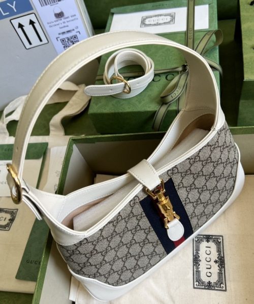 1:1 Replica Gucci Jackie 1961 Small Shoulder Bag Beige And Ebony GG Supreme Canvas For Women 11in/28cm 636706 HUHHG 9794