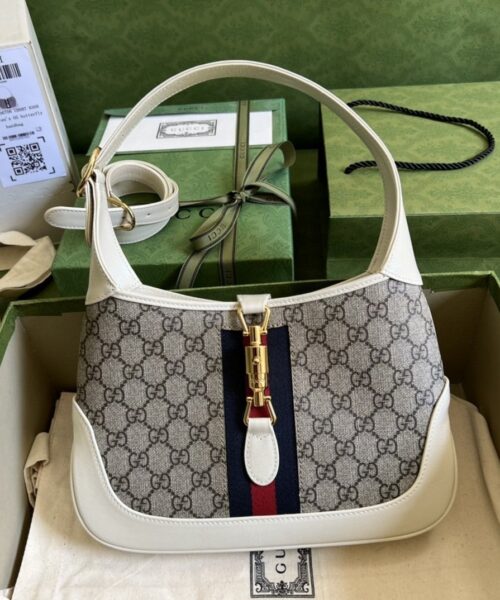 1:1 Replica Gucci Jackie 1961 Small Shoulder Bag Beige And Ebony GG Supreme Canvas For Women 11in/28cm 636706 HUHHG 9794