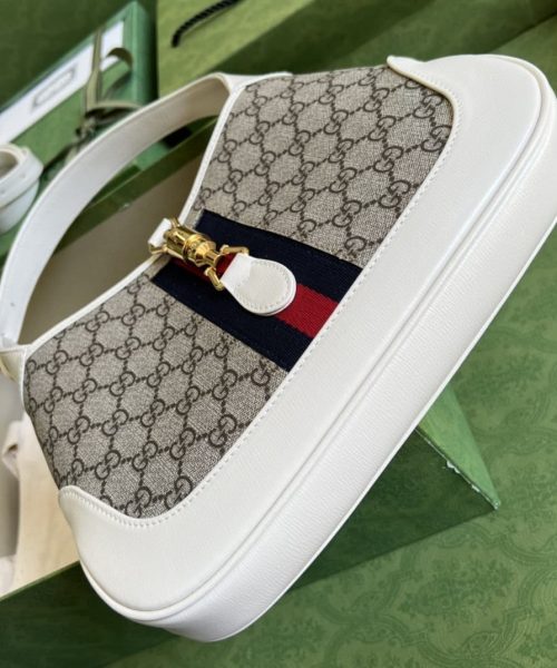 1:1 Replica Gucci Jackie 1961 Small Shoulder Bag Beige And Ebony GG Supreme Canvas For Women 11in/28cm 636706 HUHHG 9794