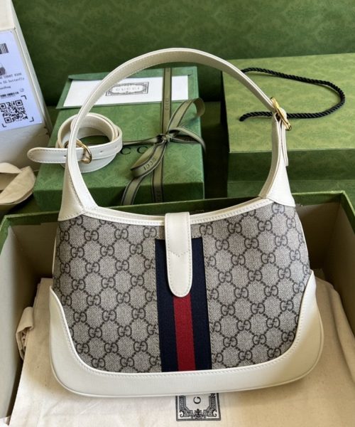 1:1 Replica Gucci Jackie 1961 Small Shoulder Bag Beige And Ebony GG Supreme Canvas For Women 11in/28cm 636706 HUHHG 9794