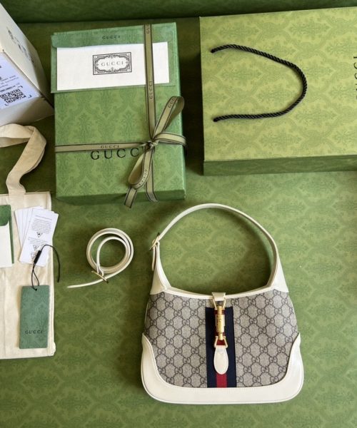 1:1 Replica Gucci Jackie 1961 Small Shoulder Bag Beige And Ebony GG Supreme Canvas For Women 11in/28cm 636706 HUHHG 9794