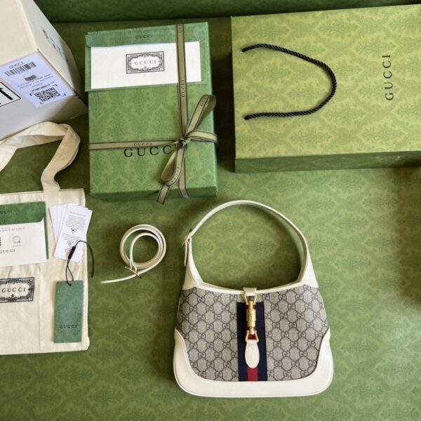 1:1 Replica Gucci Jackie 1961 Small Shoulder Bag Beige And Ebony GG Supreme Canvas For Women 11in/28cm 636706 HUHHG 9794