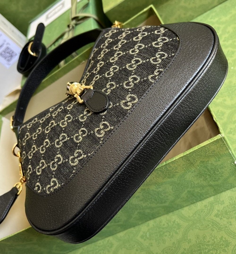 1:1 Replica Gucci Jackie 1961 Small Shoulder Bag Black And Ivory GG Denim Jacquard For Women 11in/28cm 678843 UN3AG 1294