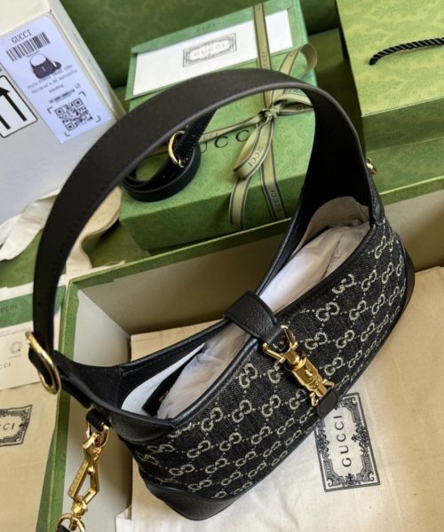 1:1 Replica Gucci Jackie 1961 Small Shoulder Bag Black And Ivory GG Denim Jacquard For Women 11in/28cm 678843 UN3AG 1294