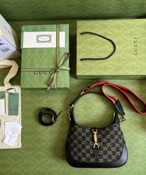 1:1 Replica Gucci Jackie 1961 Small Shoulder Bag Black And Ivory GG Denim Jacquard For Women 11in/28cm 678843 UN3AG 1294