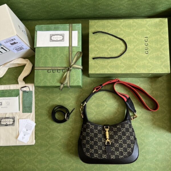 1:1 Replica Gucci Jackie 1961 Small Shoulder Bag Black And Ivory GG Denim Jacquard For Women 11in/28cm 678843 UN3AG 1294