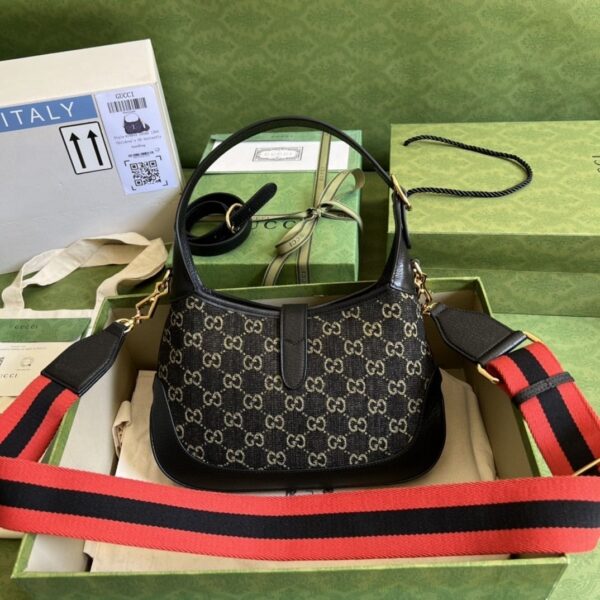 1:1 Replica Gucci Jackie 1961 Small Shoulder Bag Black And Ivory GG Denim Jacquard For Women 11in/28cm 678843 UN3AG 1294