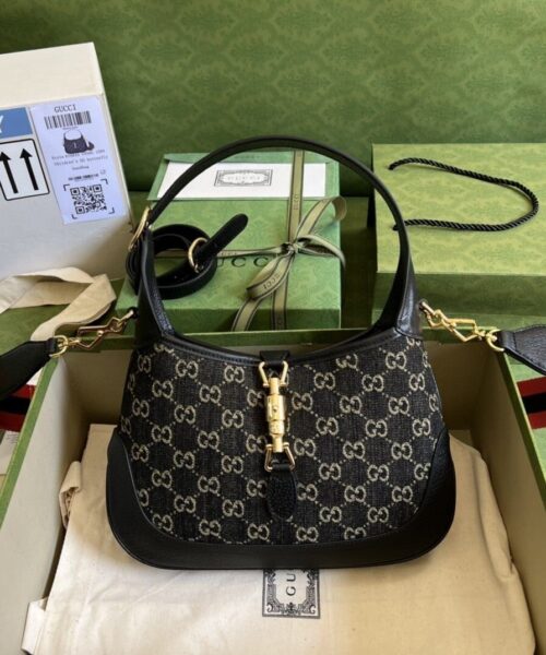 1:1 Replica Gucci Jackie 1961 Small Shoulder Bag Black And Ivory GG Denim Jacquard For Women 11in/28cm 678843 UN3AG 1294