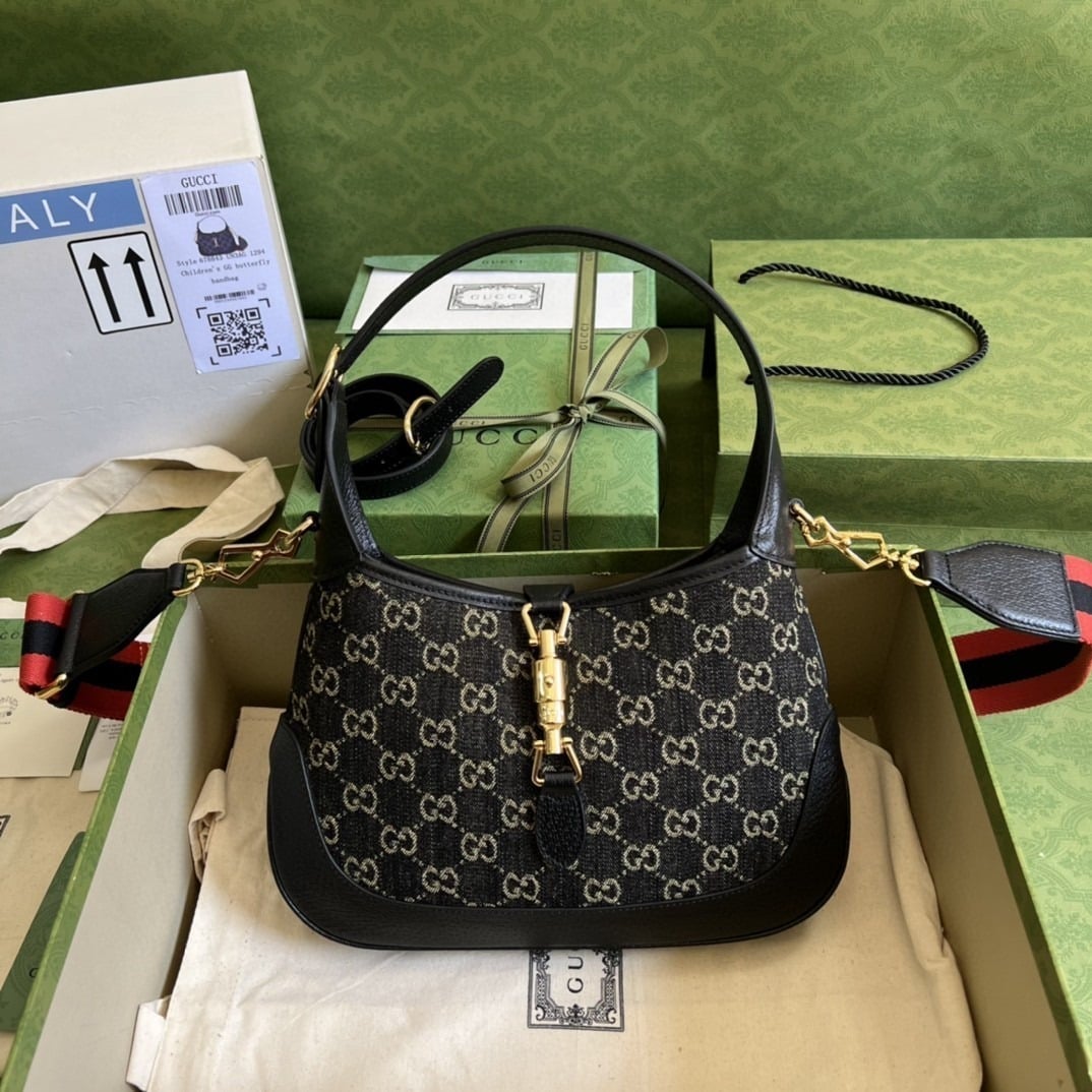 1:1 Replica Gucci Jackie 1961 Small Shoulder Bag Black And Ivory GG Denim Jacquard For Women 11in/28cm 678843 UN3AG 1294