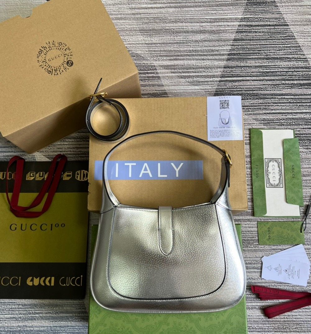 1:1 Replica Gucci Jackie 1961 Small Shoulder Bag Silver For Women, Women's Bags 10.8in/28cm GG