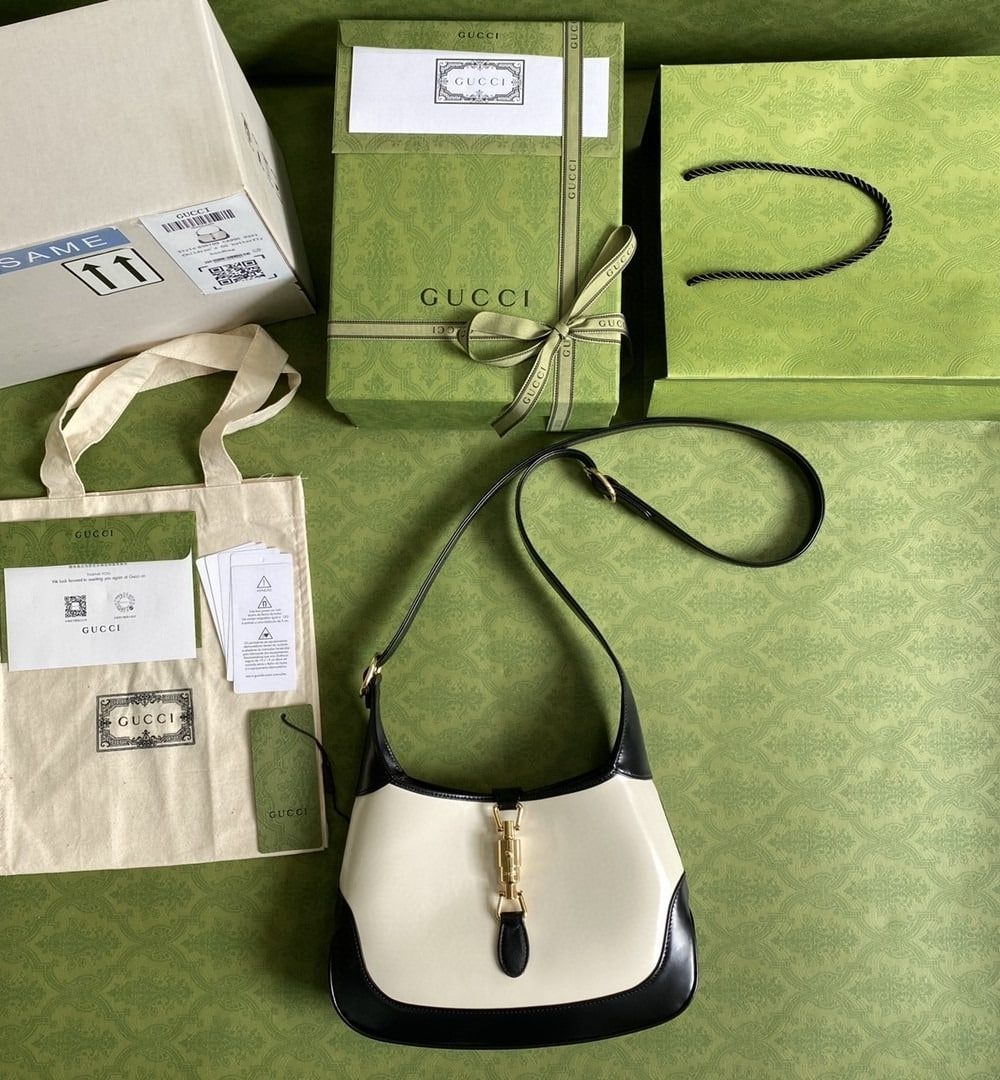 1:1 Replica Gucci Jackie 1961 Small Shoulder Bag White With Black 11in/28cm 636706 10OBG 9099