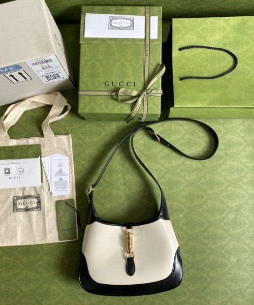 1:1 Replica Gucci Jackie 1961 Small Shoulder Bag White With Black 11in/28cm 636706 10OBG 9099