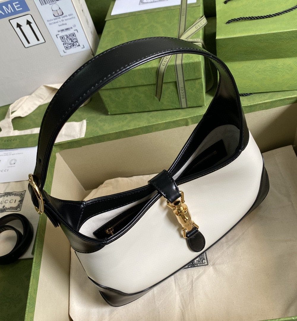 1:1 Replica Gucci Jackie 1961 Small Shoulder Bag White With Black 11in/28cm 636706 10OBG 9099