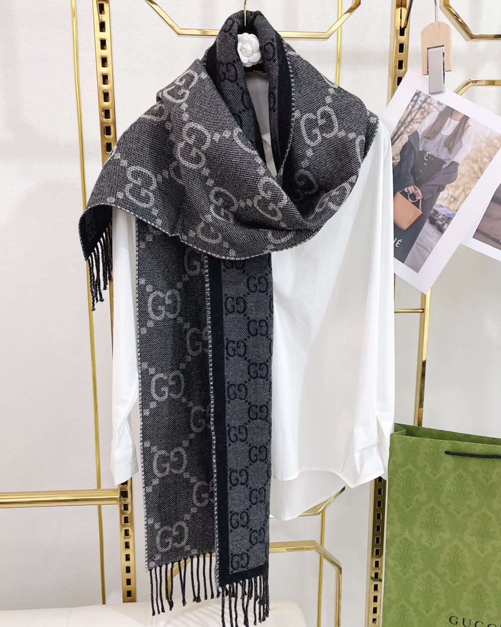 Gucci Jacquard Pattern Knit With Tassels Grey and Black 190cm/75in 676610 4G200 1061