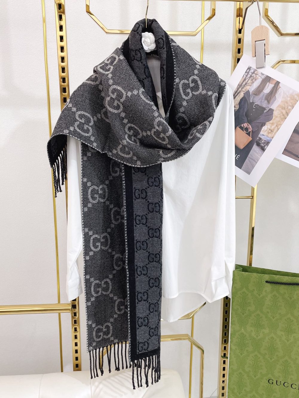 Gucci Jacquard Pattern Knit With Tassels Grey and Black 190cm/75in 676610 4G200 1061 - Image 4