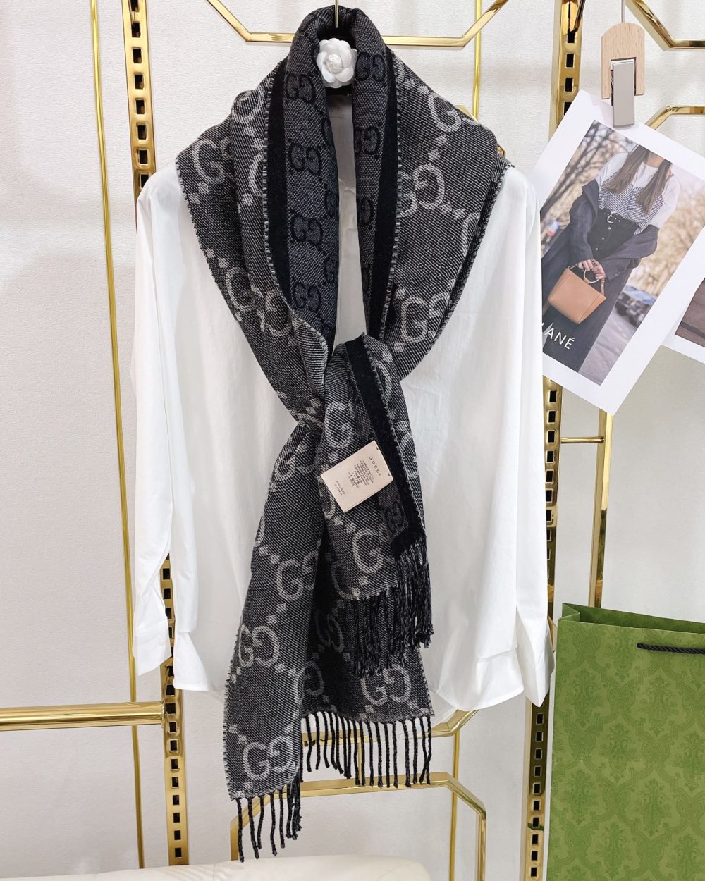 Gucci Jacquard Pattern Knit With Tassels Grey and Black 190cm/75in 676610 4G200 1061