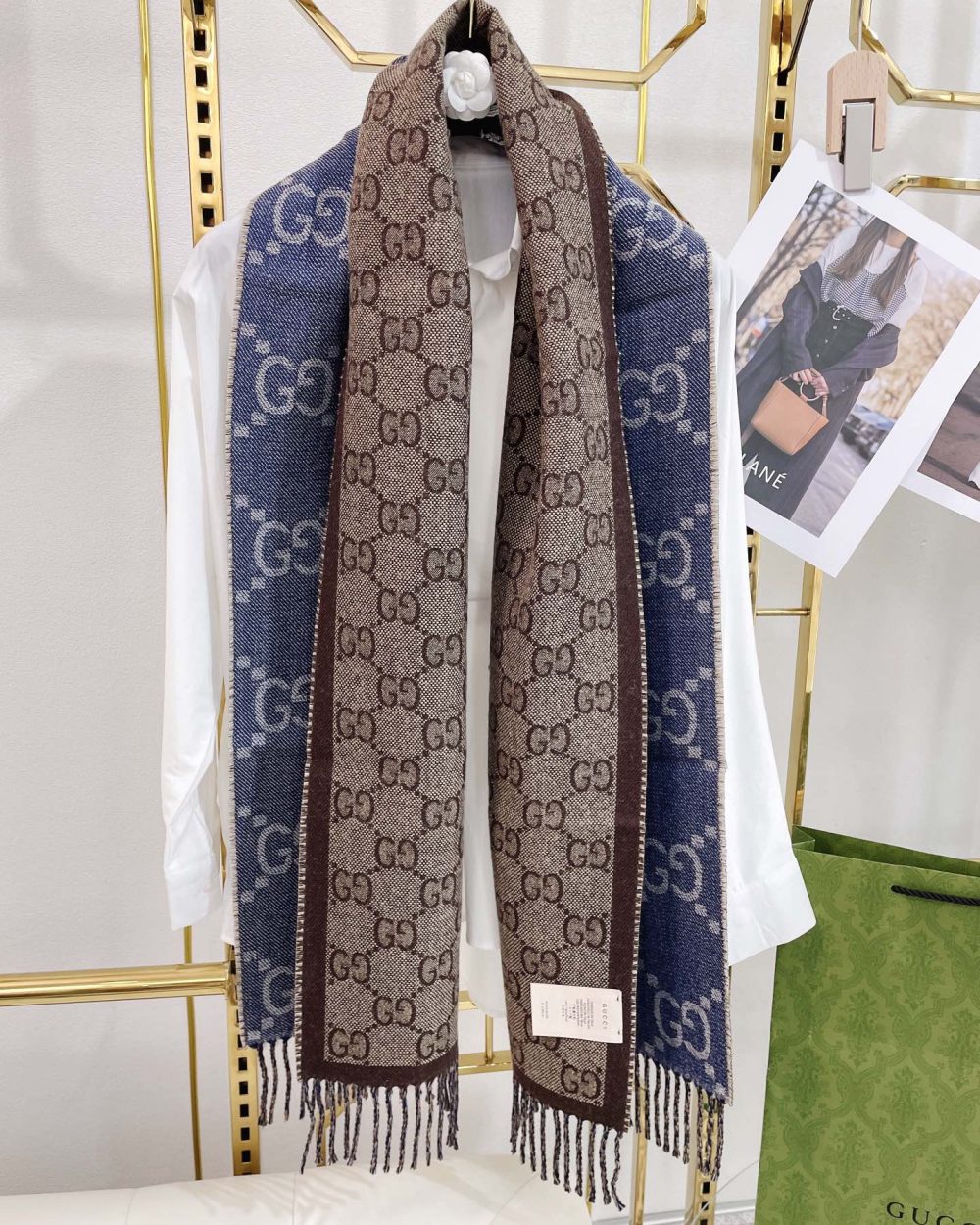 Gucci Jacquard Pattern Knit With Tassels Navy and Brown 190cm/75in 676610 3G200 4165