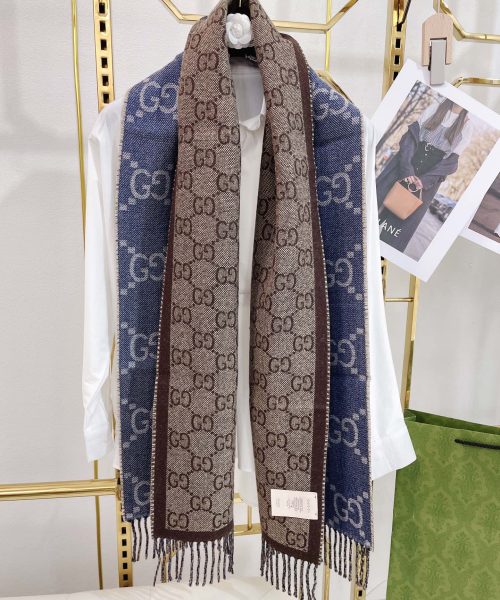 Gucci Jacquard Pattern Knit With Tassels Navy and Brown 190cm/75in 676610 3G200 4165