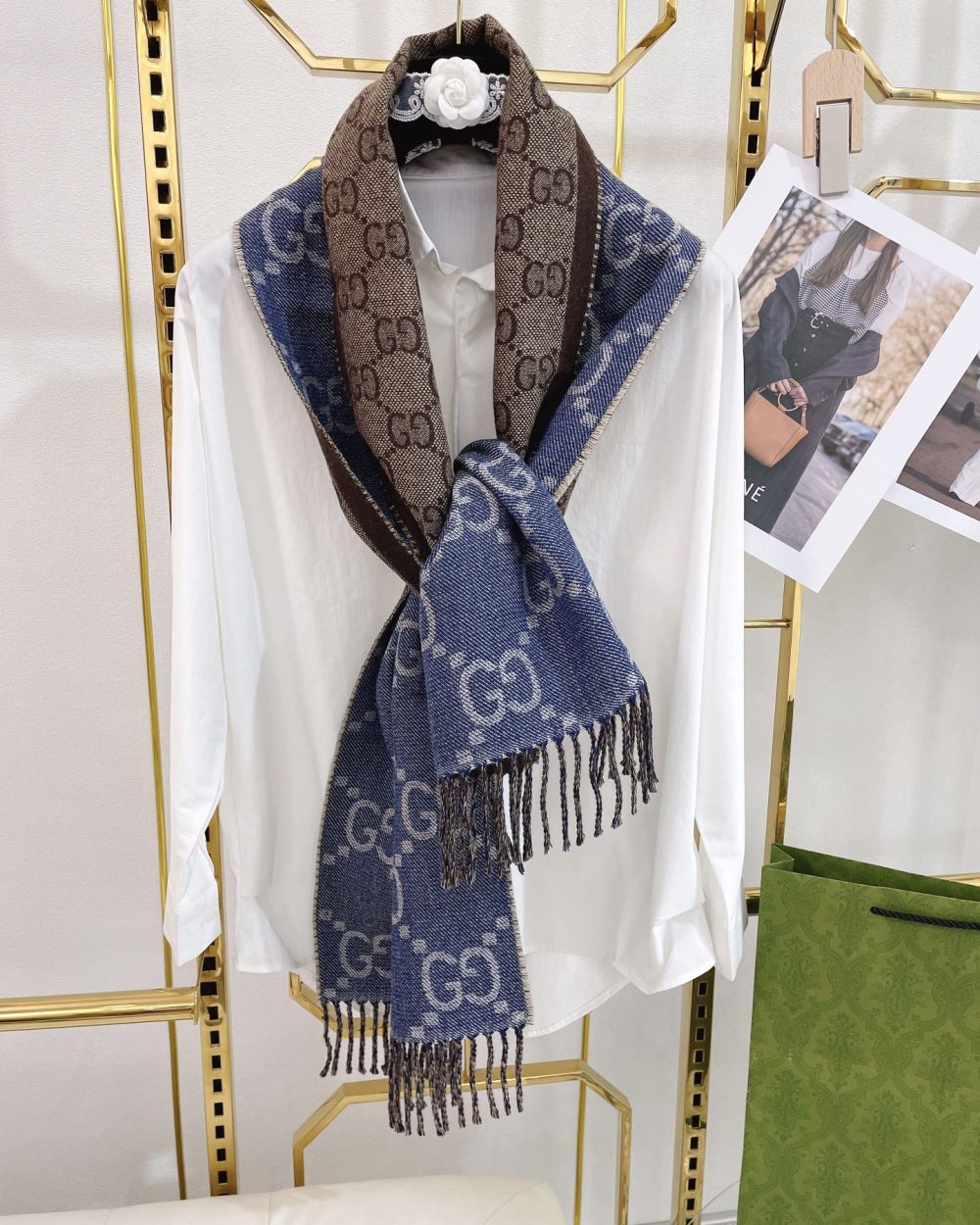 Gucci Jacquard Pattern Knit With Tassels Navy and Brown 190cm/75in 676610 3G200 4165