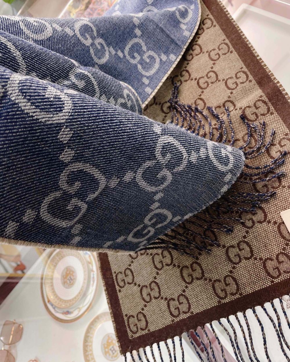 Gucci Jacquard Pattern Knit With Tassels Navy and Brown 190cm/75in 676610 3G200 4165