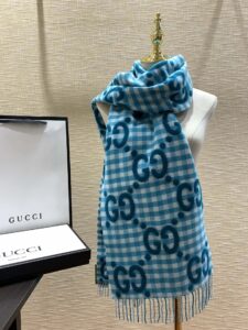 Gucci Jacquard Wool Scarf  Blue and Ivory Scarf 220cm/86.7in 