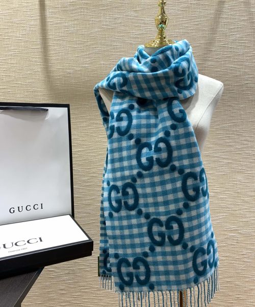 Gucci Jacquard Wool Scarf  Blue and Ivory Scarf 220cm/86.7in 