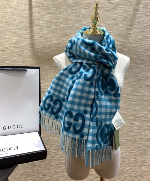 Gucci Jacquard Wool Scarf  Blue and Ivory Scarf 220cm/86.7in 