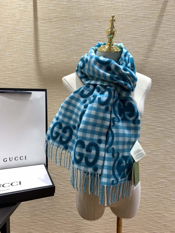 Gucci Jacquard Wool Scarf  Blue and Ivory Scarf 220cm/86.7in 