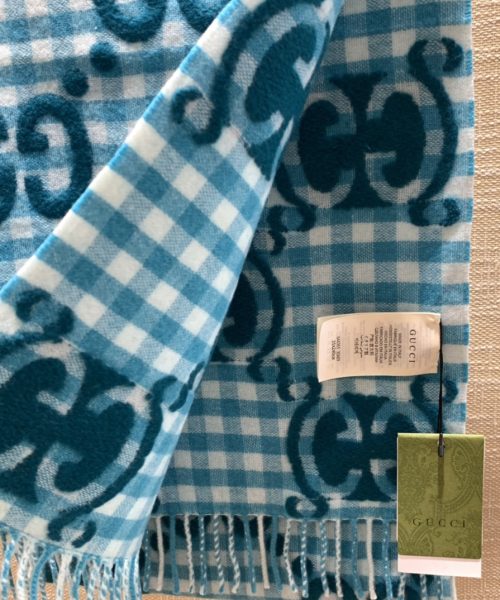 Gucci Jacquard Wool Scarf  Blue and Ivory Scarf 220cm/86.7in 