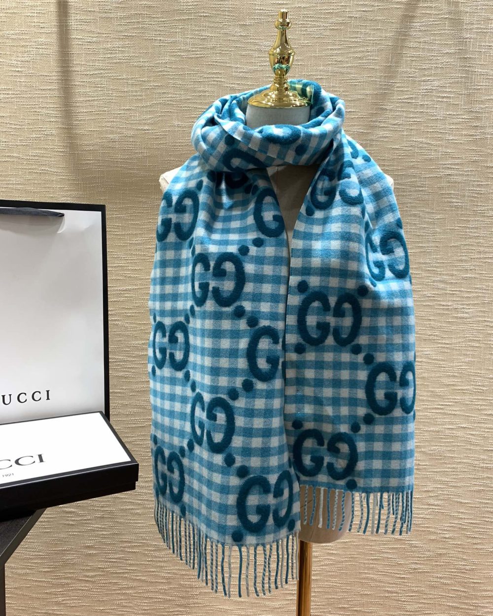 Gucci Jacquard Wool Scarf  Blue and Ivory Scarf 220cm/86.7in 