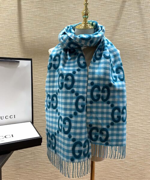 Gucci Jacquard Wool Scarf  Blue and Ivory Scarf 220cm/86.7in 