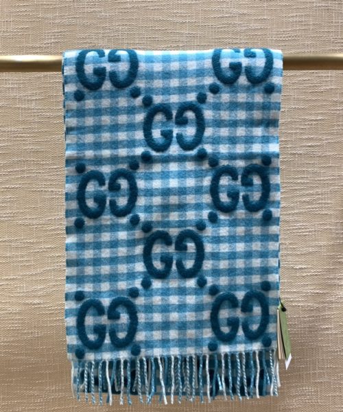 Gucci Jacquard Wool Scarf  Blue and Ivory Scarf 220cm/86.7in 