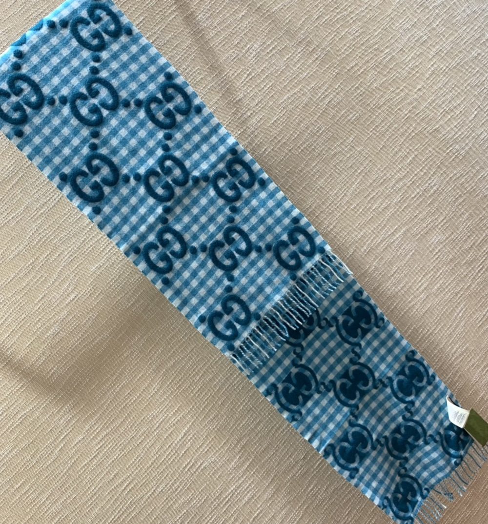 Gucci Jacquard Wool Scarf  Blue and Ivory Scarf 220cm/86.7in 