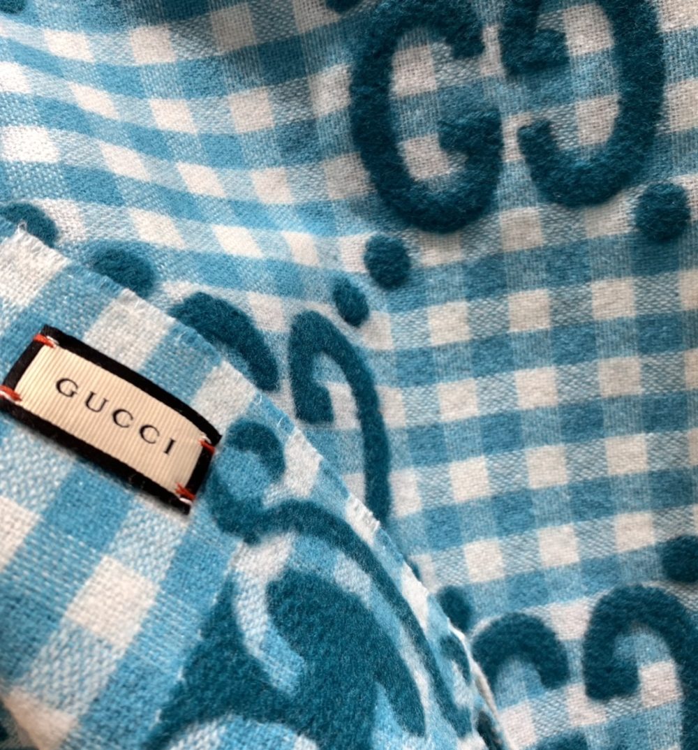 Gucci Jacquard Wool Scarf  Blue and Ivory Scarf 220cm/86.7in 
