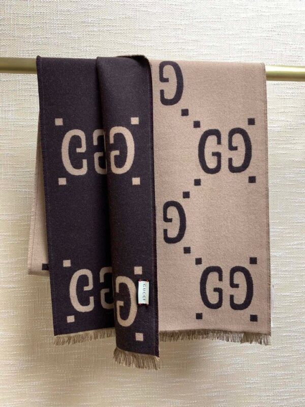 Gucci Jacquard Wool Silk Monogram Brown/ Beige Scarf 180cm/71in 
