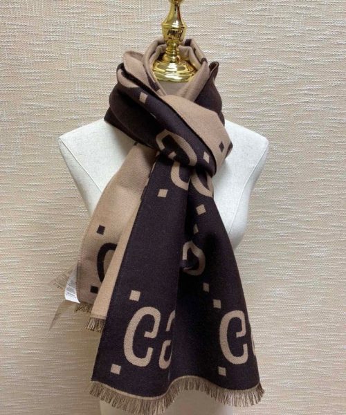 Gucci Jacquard Wool Silk Monogram Brown/ Beige Scarf 180cm/71in 