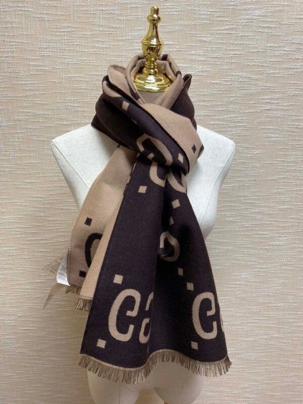 Gucci Jacquard Wool Silk Monogram Brown/ Beige Scarf 180cm/71in 