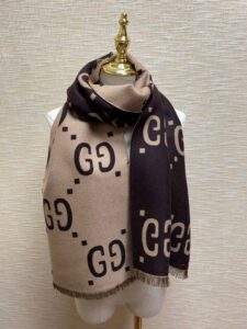 Gucci Jacquard Wool Silk Monogram Brown/ Beige Scarf 180cm/71in 