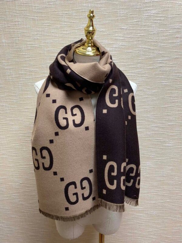 Gucci Jacquard Wool Silk Monogram Brown/ Beige Scarf 180cm/71in 
