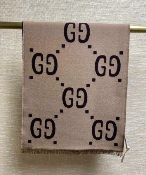 Gucci Jacquard Wool Silk Monogram Brown/ Beige Scarf 180cm/71in 