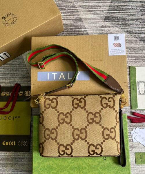 1:1 Replica Gucci Jumbo GG Messenger Bag Camel And Ebony Jumbo GG Canvas For Women  9.6in/24.5cm GG 703468 92THF 1000