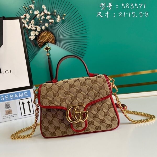 1:1 Replica Gucci Ladies GG Canvas Marmont Mini Top Handle Bag Beige And Red GG Canvas For Women 8.3in/21cm GG 583571 HVKEG 8561