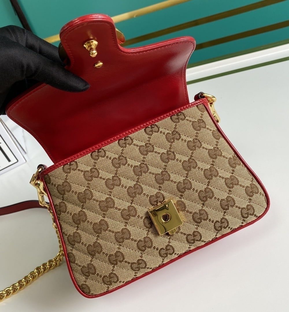1:1 Replica Gucci Ladies GG Canvas Marmont Mini Top Handle Bag Beige And Red GG Canvas For Women 8.3in/21cm GG 583571 HVKEG 8561