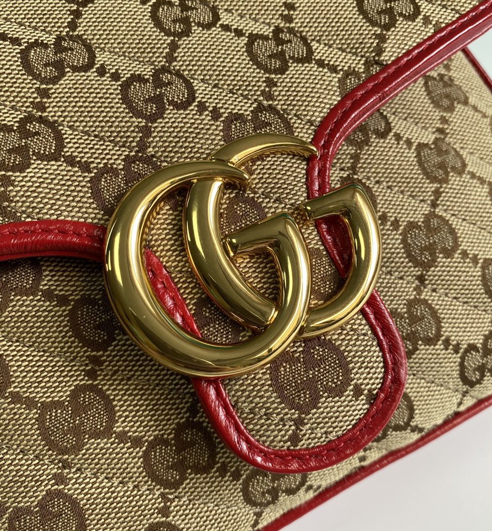 1:1 Replica Gucci Ladies GG Canvas Marmont Mini Top Handle Bag Beige And Red GG Canvas For Women 8.3in/21cm GG 583571 HVKEG 8561