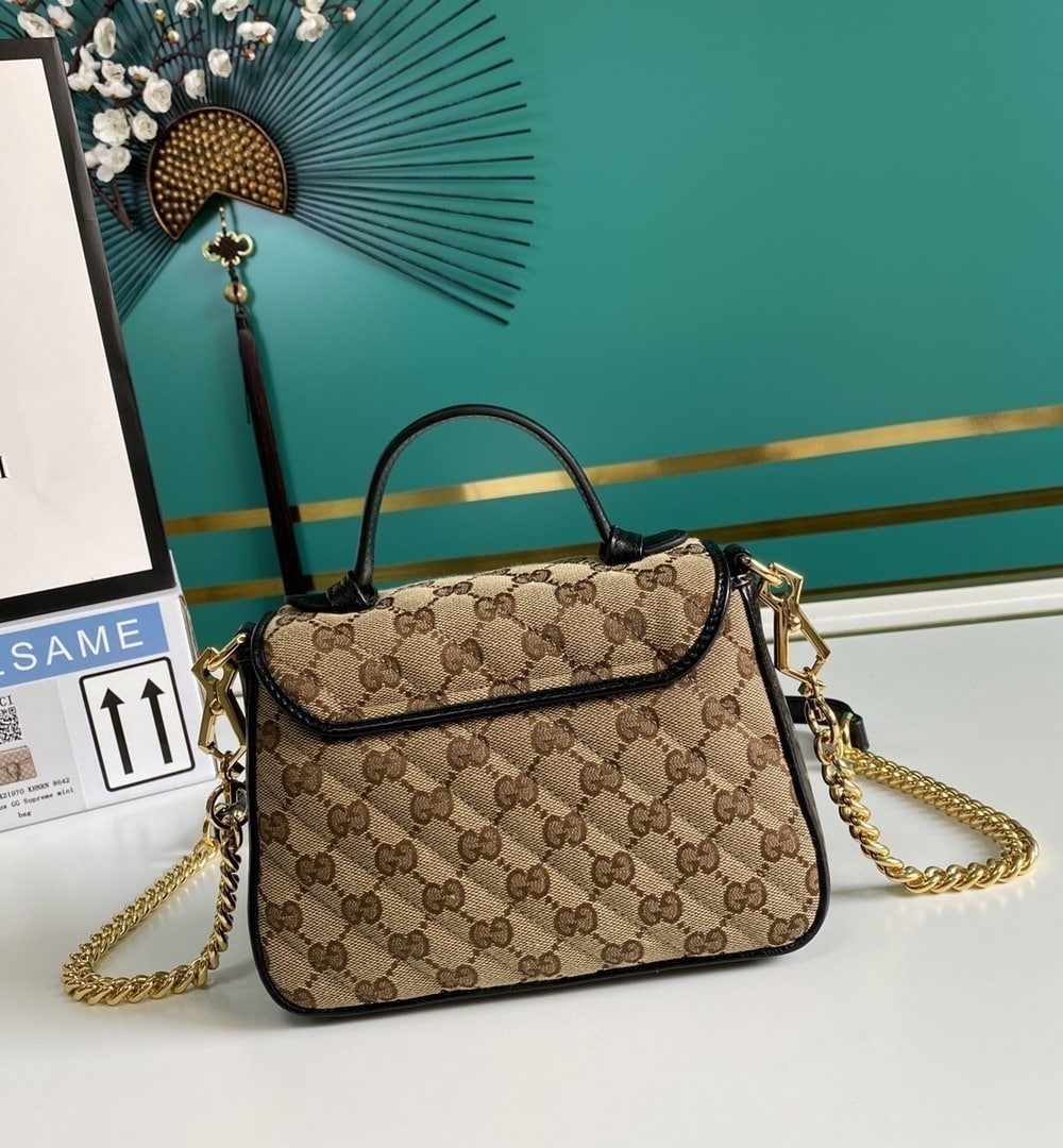1:1 Replica Gucci Ladies GG Canvas Marmont Mini Top Handle Bag Beige/Ebony Diagonal Matelassé Original GG Canvas 8.3in/21cm GG 583571 HVKEG 9772