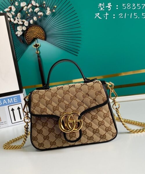 1:1 Replica Gucci Ladies GG Canvas Marmont Mini Top Handle Bag Beige/Ebony Diagonal Matelassé Original GG Canvas 8.3in/21cm GG 583571 HVKEG 9772